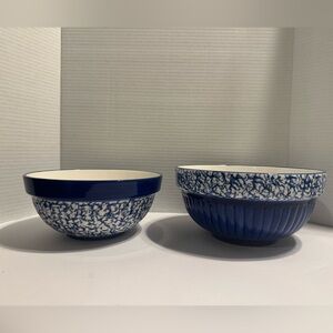 Two bears pottery blue and white spongeware bowls